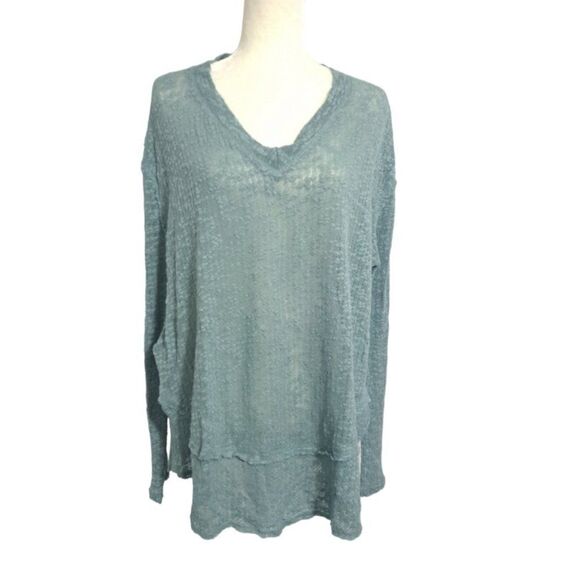 We The Free People Women Mint Ocean Air Hacci Top Long Sleeves Raw Edge Sz Small - Picture 2 of 8